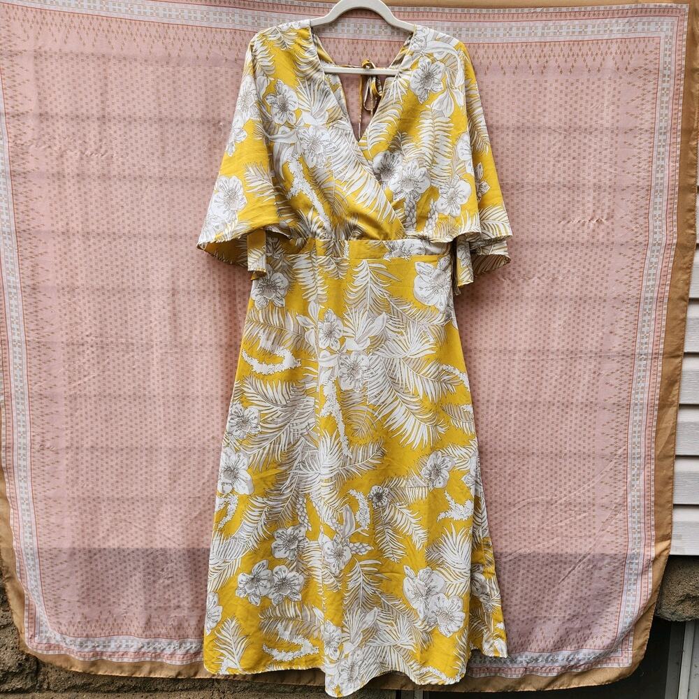 Yellow Floral Maxi Dress V Neck Ruffle Cape Sleeve Cute Party Wedding Sz XL